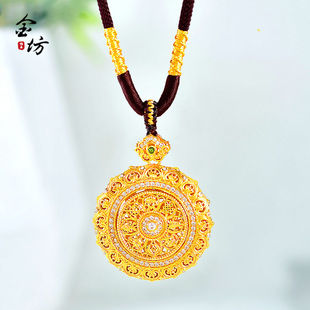 越南古法沙金999镂空花丝八宝罗盘可转动项链国潮风鎏金棕绳项链