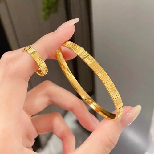 越南沙金周家同款CNC传福手镯戒指套装黄金色仿古法福字手环戒子