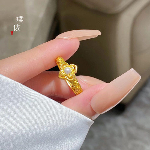 金店同款越南沙金如意花丝珍珠开口戒指轻奢精致时尚送女友礼物