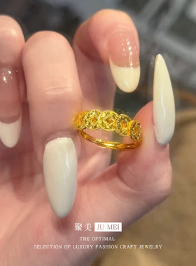越南沙金碎碎冰铜钱戒指女新中式招财五帝钱币仿真开口可调节指环