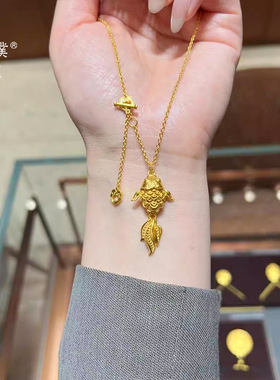 金店同款沙金花丝锦鲤流苏项链女新中式复古好运小金鱼锁骨链