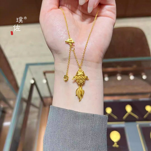 金店同款沙金花丝锦鲤流苏项链女新中式复古好运小金鱼锁骨链