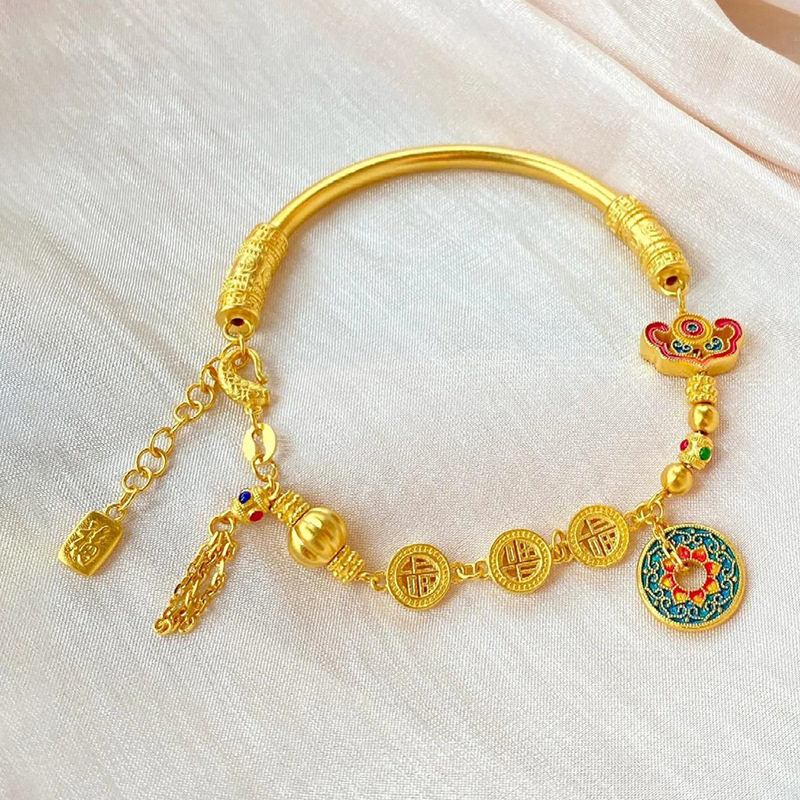 越南沙金宝相花半镯手链珐琅烧蓝手链配件复古福牌南瓜流苏醒狮女