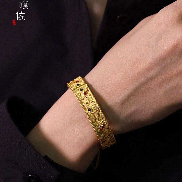 金店同款古法越南沙金蕙质兰心手镯女复古兰花手镯结婚三金首饰