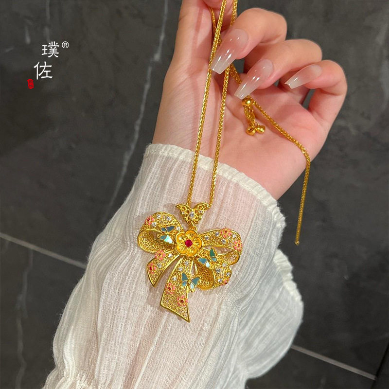 金店同款越南沙金螺钿花丝蝴蝶吊坠项链首饰女士佩戴富贵大气轻奢