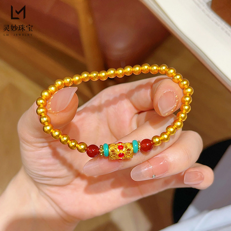 新中式国风越南沙金不掉色红玛瑙蜻蜓眼绿松算盘珠手链防金本命年