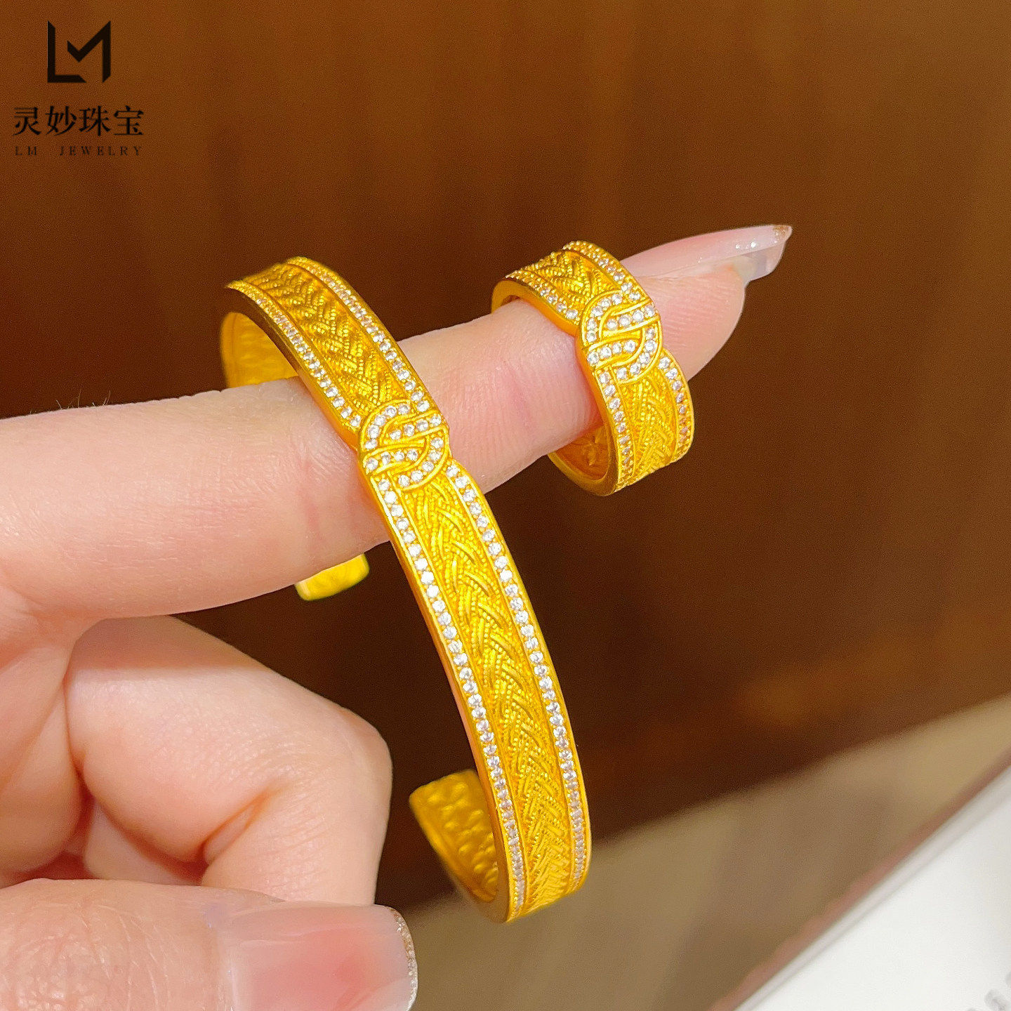 越南沙金实心点钻永结同心手镯戒指麻花编织仿真金色镯子宫廷女