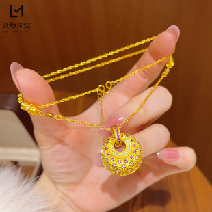 金店同款越南沙金唐宫夜宴唐彩菱红刚玉套链花丝平安扣项链精致女