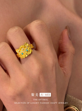 新款錾刻璃龙兽面越南沙金999戒指绿松镶嵌轻奢仿真金色戒指女