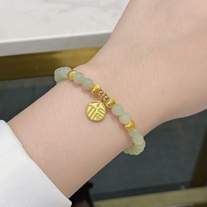 古法金新款猫珠福牌玉珠手链 越南沙金仿黄金福字圆珠手串女款