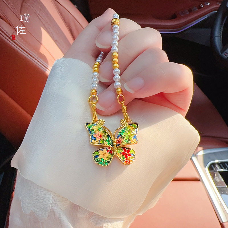 金店同款沙金高温烧蓝珐琅彩花团锦簇蝴蝶珍珠项链轻奢气质高级感