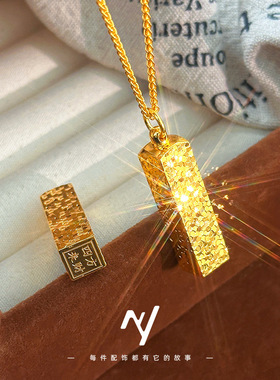 新中式越南沙金碎碎冰小金条吊坠爆闪四方来财印章项链方形锁骨链