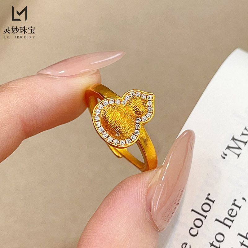 金店同款古法沙金点钻拉丝葫芦戒指磨砂福禄指环百搭时尚女送礼物