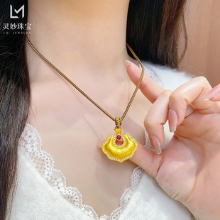 新中式古法越南沙金玫红钻拉丝如意吊坠项链镂空祥云锁包挂坠百搭
