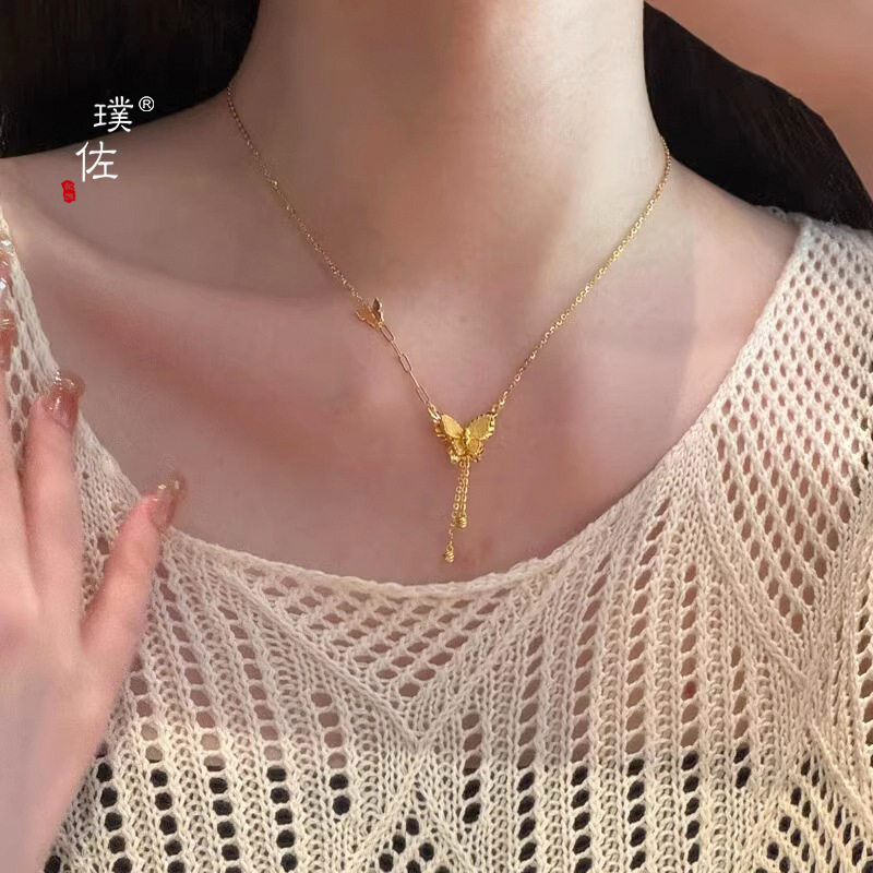金店同款沙金亮金爆闪蝴蝶流苏项链女轻奢时尚灵动感百搭锁骨链