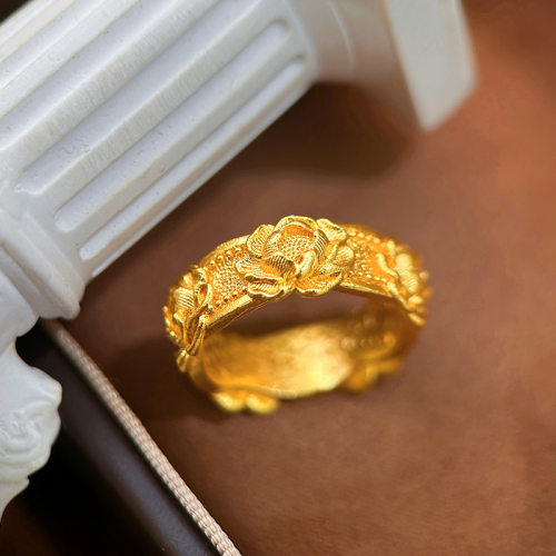越南沙金新中式錾刻牡丹花戒指女复古轻奢精致设计高级感重工指环