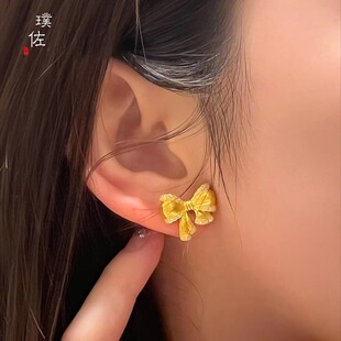 越南沙金在逃公主蝴蝶结耳钉镶嵌耳环5D无氢拉丝耳饰生日礼物轻奢