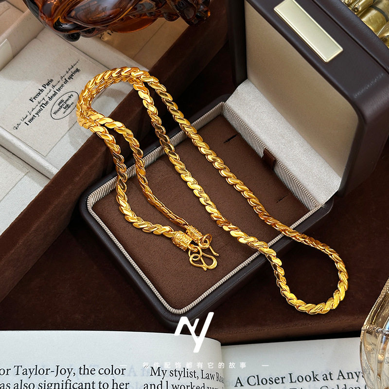 新款越南沙金不掉色男女同款新中式亮金扁圆蛇骨项链仿真金色送礼