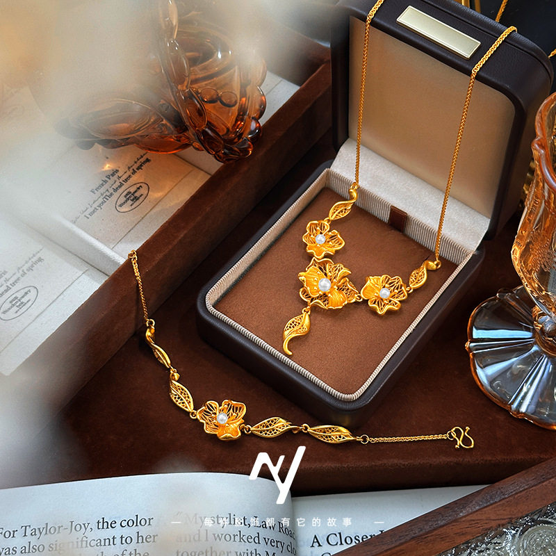 新款新中式越南沙金新娘花嫁套装仿真金色花间辞珍珠花朵项链手链