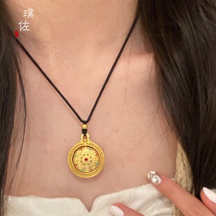 时来运转八宝罗盘沙金色吊坠项链黑绳编绳挂坠圆盘女士新款轻奢