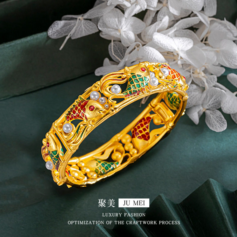越南沙金烧蓝卡扣珍珠锦鲤手镯翠鱼玉珠高级手环开口仿真金色手镯