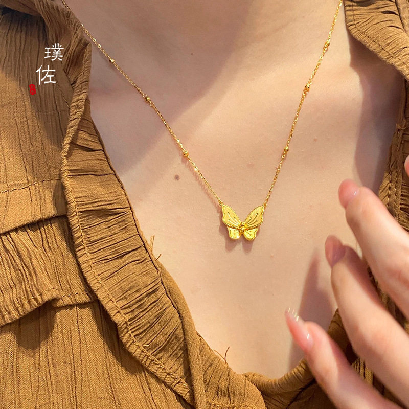 金店同款古法越南沙金花月佳期蝴蝶项链锁骨链轻奢高级送女友礼物