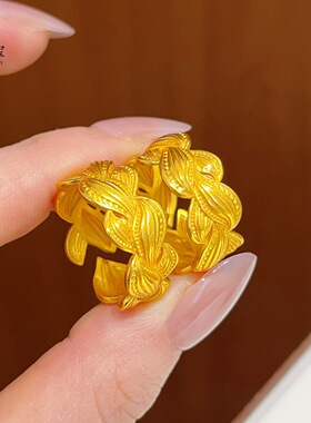 金店同款越南沙金古法风吹麦浪开口戒指宽面交织麦穗指环仿真金色