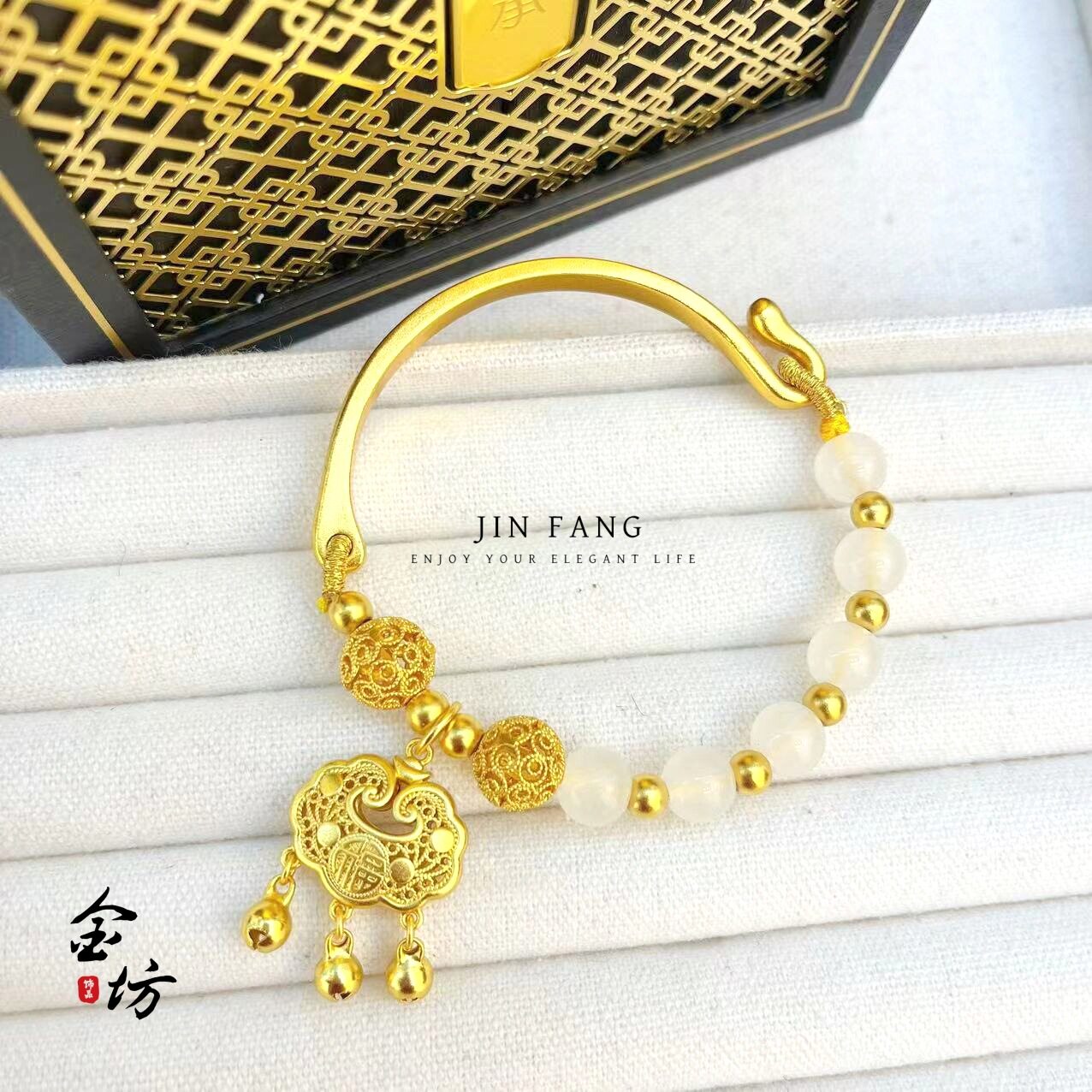 金店同款越南沙金白玛瑙福锁半镯手镯福字长命锁包女饰品仿真金