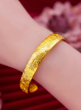 新款复古法金开口百福心经手镯 女款沙金内刻经文开口百福手镯 女