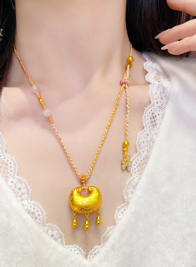 金店款越南沙金999百福葫芦铃铛锁蝴蝶粉绳项链国风编织毛衣链女