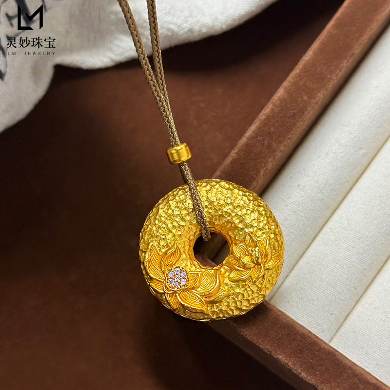 金店同款越南沙金不掉色锤纹点钻荷花平安扣吊坠项链实心莲花挂坠