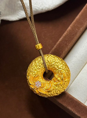 金店同款越南沙金不掉色锤纹点钻荷花平安扣吊坠项链实心莲花挂坠