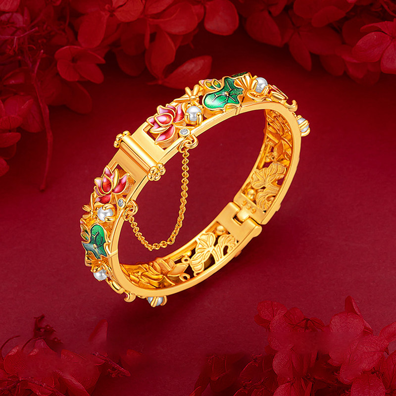 民族风珐琅荷花手镯 越南沙金宫廷风烧蓝珍珠莲花大手镯高级