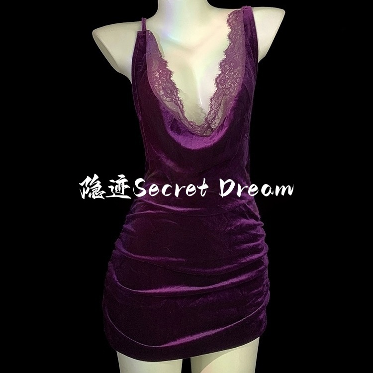 隐迹「紫媚风情」性感睡衣cos制服三点蕾丝透视吊带睡裙qqny内衣