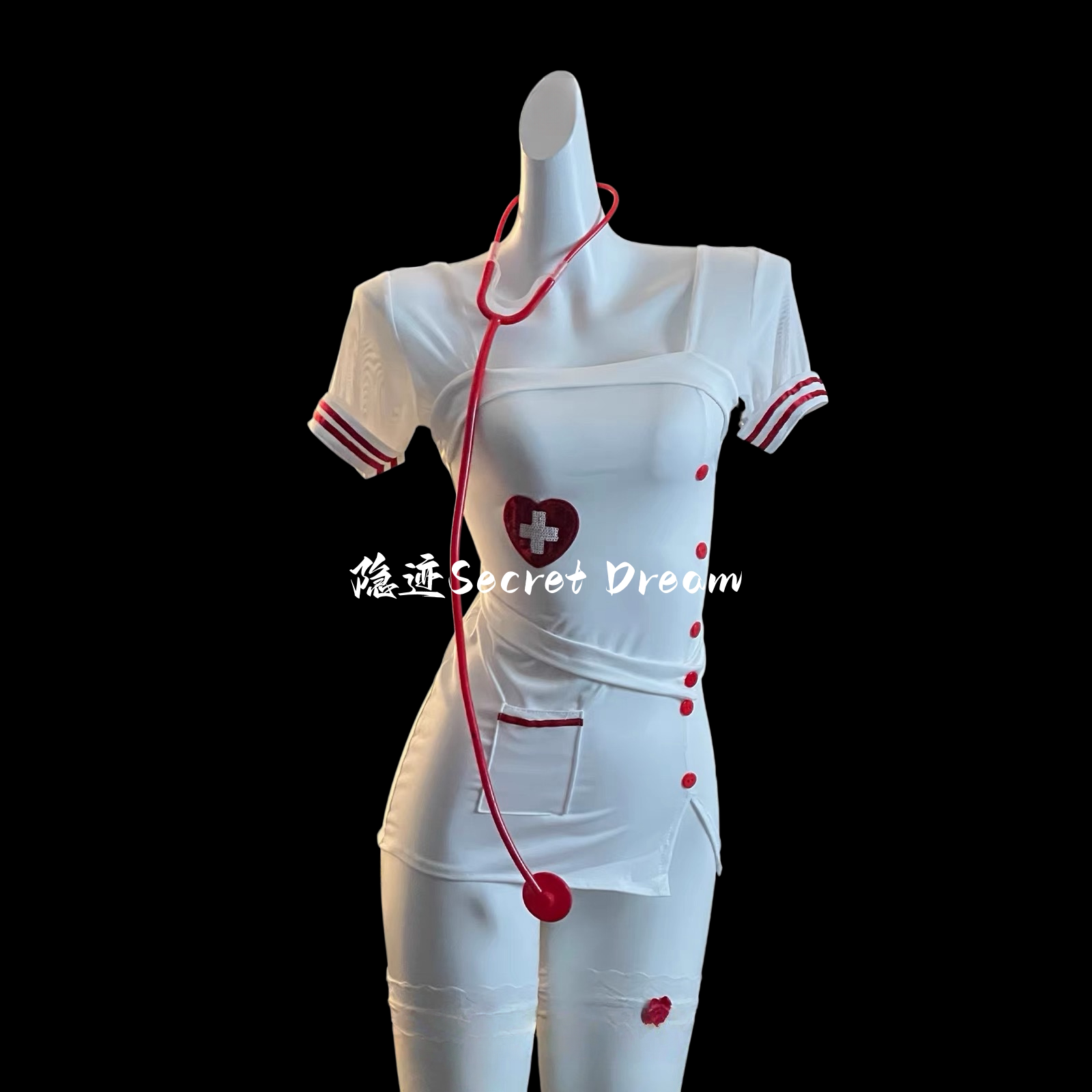 隐迹性感交叉露背诱惑护士制服cos女角色扮演白色紧身短裙qqny
