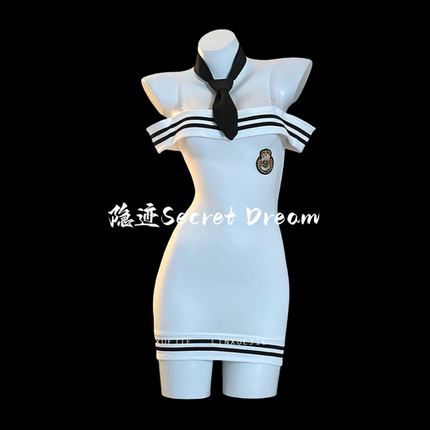 隐迹性感一字肩海军学院风制服套装主播露背紧身包臀裙女qqny