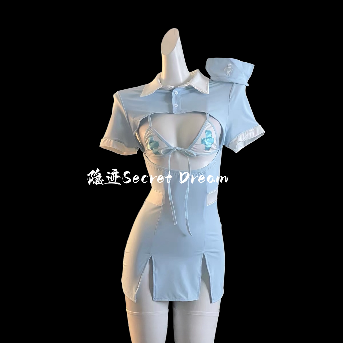隐迹甜欲护士角色扮演浅蓝色包臀裙女性感镂空开叉约会制服装