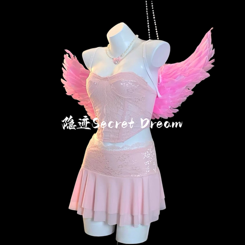 隐迹爱神降临纯欲风甜美粉色抹胸蕾丝制服女性感天使翅膀套装