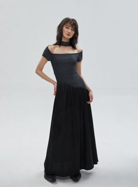 M3C一字肩双色针织连衣裙女2024夏季新款修身显瘦