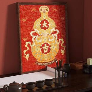 中古风玄关装饰画福禄葫芦花瓶复古油画走廊过道挂画高档摆件壁画