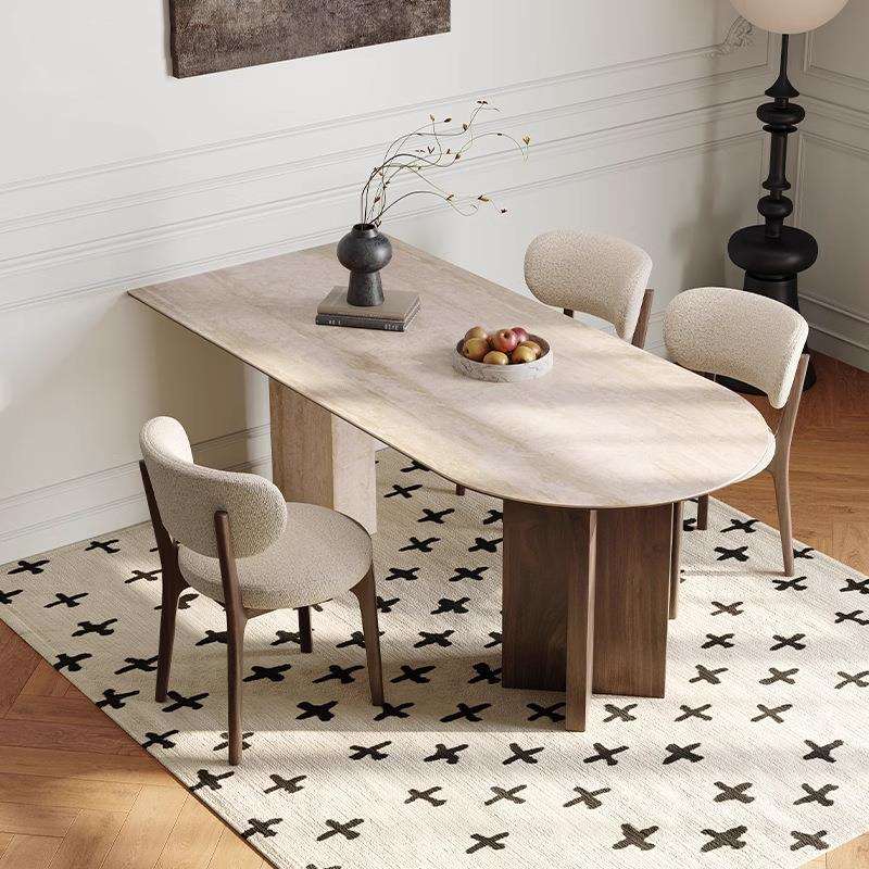 法式复古黑胡桃色实木餐桌椅简约洞石岩板设计师半椭圆岛台餐桌