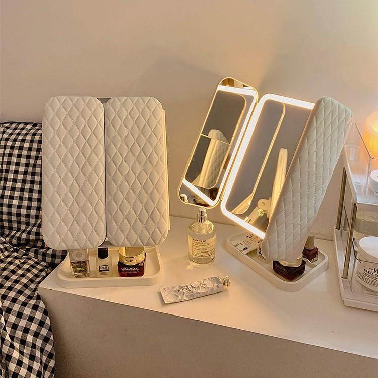 镜子一体桌面收纳盒学生可调节双开门贝壳led台式折叠化妆镜带灯