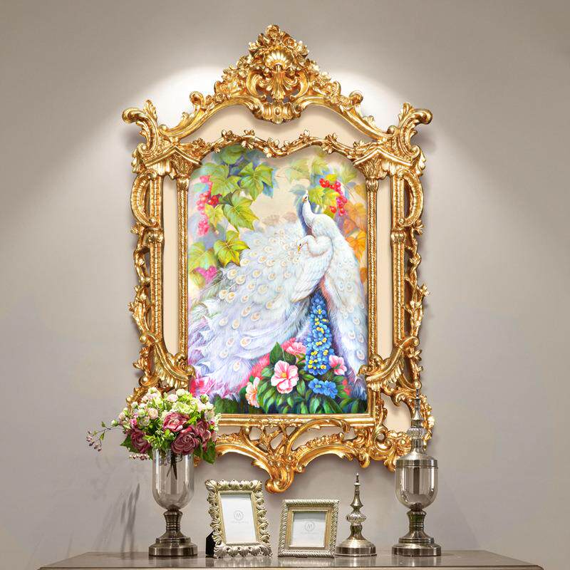 高端奢华画框入户玄关装饰画孔雀动物油画走廊法式酒店别墅挂画