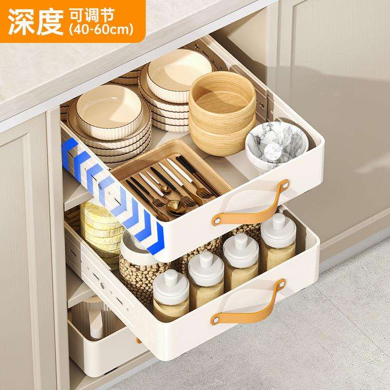可伸缩厨房抽拉式置物架水槽下柜内调料收纳盒橱柜拉篮抽屉式用具