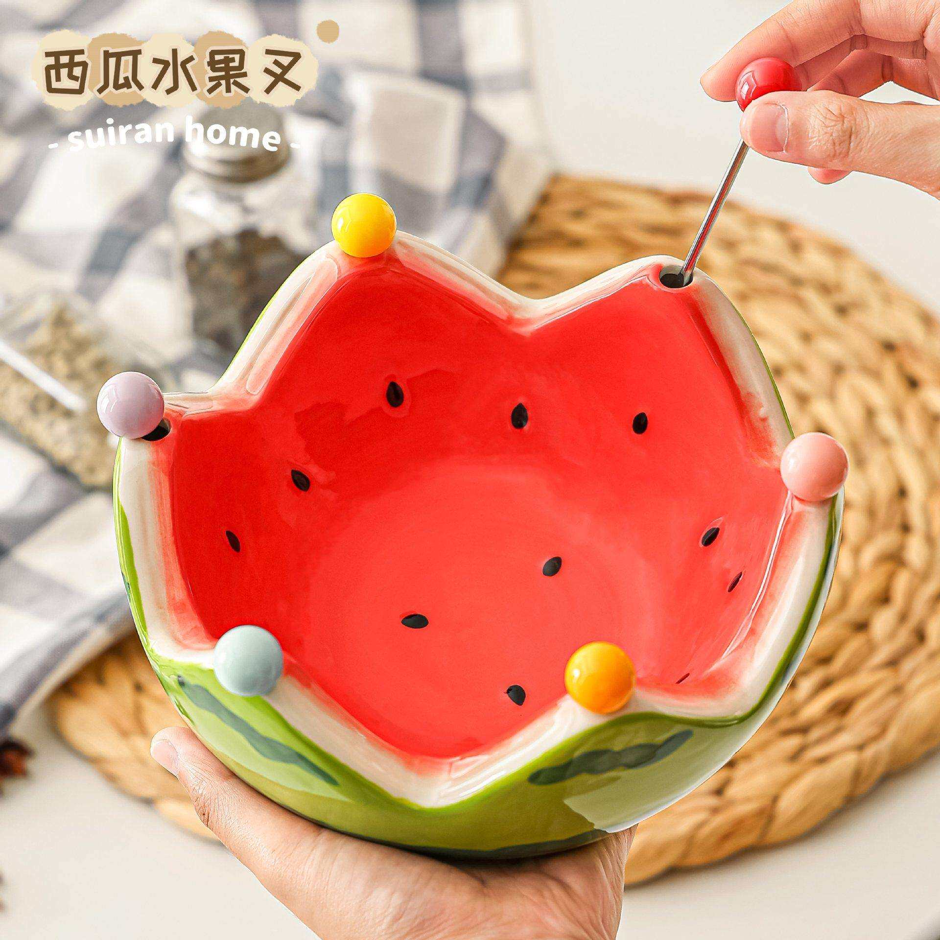 高颜值西瓜水果叉家用客厅茶几水果盘碗创意可爱不锈钢小叉子套装