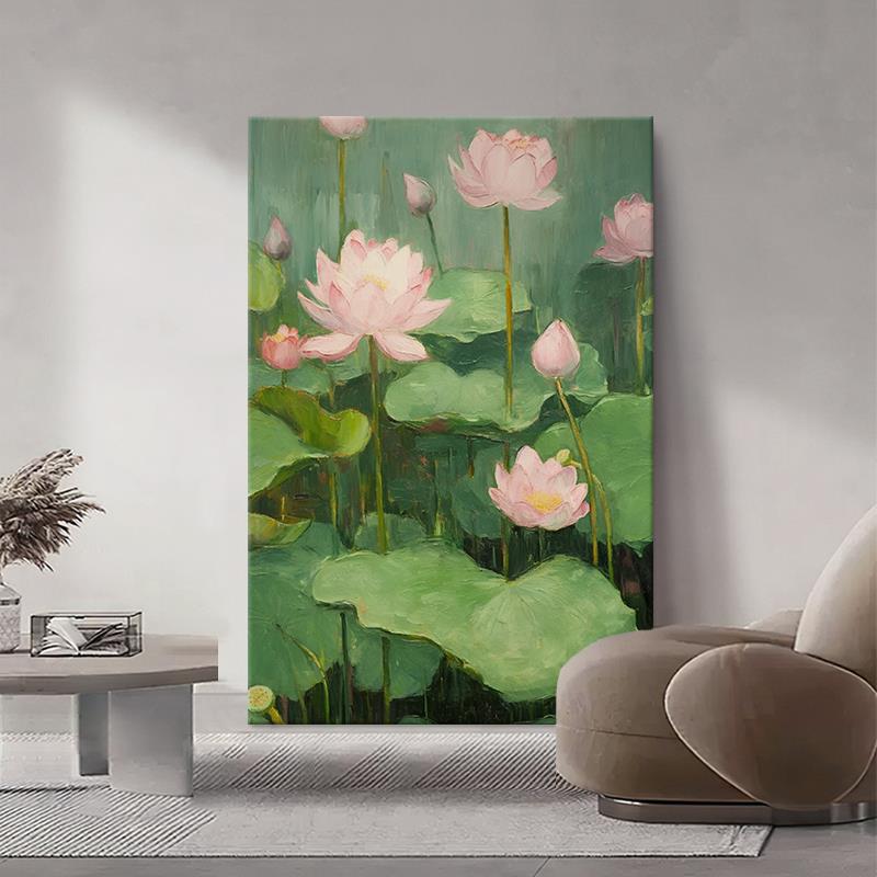 新中式荷花纯手绘油画玄关装饰画客厅抽象绿色荷塘肌理画睡莲挂画