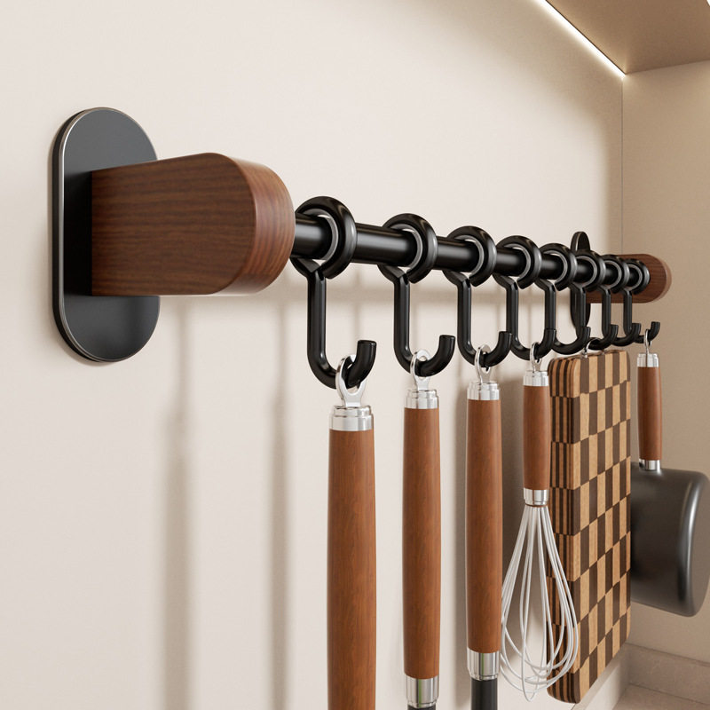 胡桃木厨房挂钩免打孔中古风挂杆锅铲勺子收纳架挂架壁挂式置物架,厨房/烹饪用具,抹布架/厨房清洁收纳架,淘宝优惠券,粉丝福利购,淘宝优惠卷