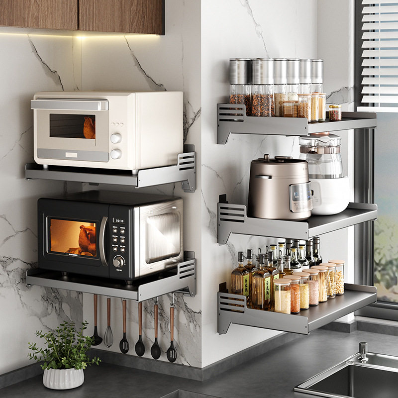 枪灰厨房微波炉架子置物架壁挂式免打孔上墙支架放烤箱多功能收纳,厨房/烹饪用具,微波炉置物架,淘宝优惠券,粉丝福利购,淘宝优惠卷