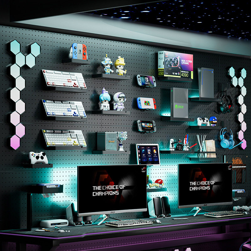 洞洞板电竞墙上隔板可定制置物架书房电脑桌装饰书桌收纳架展示架