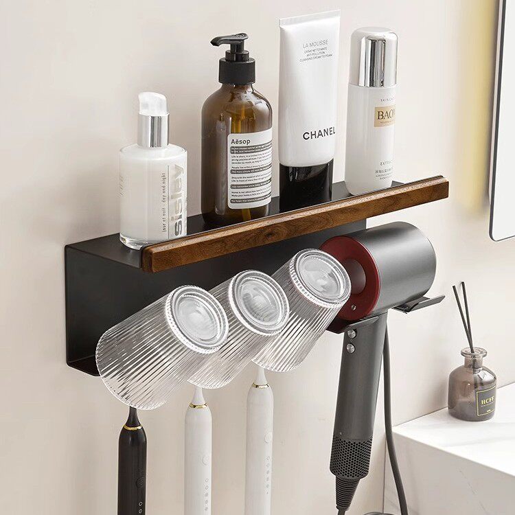 电动牙刷置物架吹风机支架卫生间浴室原木风免打孔漱口杯牙具架子